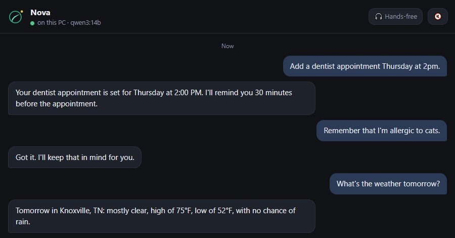 A chat with the assistant: she adds a dentist appointment with a reminder, remembers a cat allergy, and gives tomorrow's forecast.