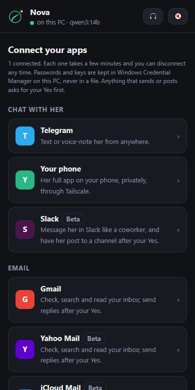 The Connect tab in Jenna Lite: Telegram, your phone and Slack under Chat with her, then Gmail, Yahoo Mail and iCloud Mail under Email.