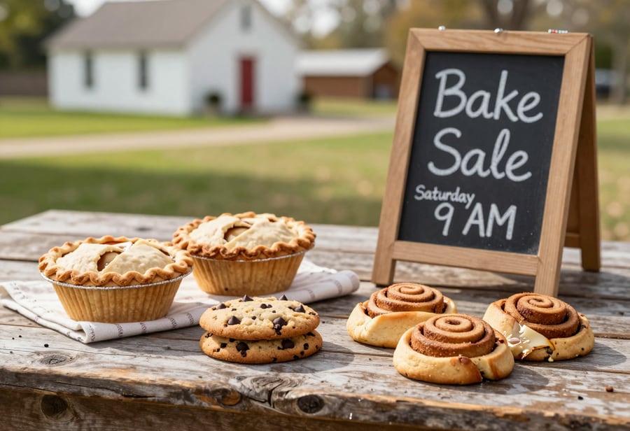 A picture Jenna Lite made on a home PC: pies, cookies and cinnamon rolls on a rustic table next to a chalkboard that reads Bake Sale Saturday 9 AM.