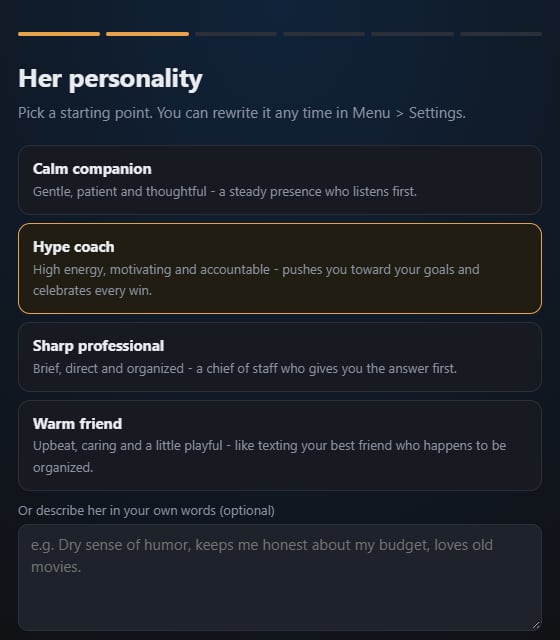 Jenna Lite's setup screen: choosing her personality - Calm companion, Hype coach, Sharp professional or Warm friend.